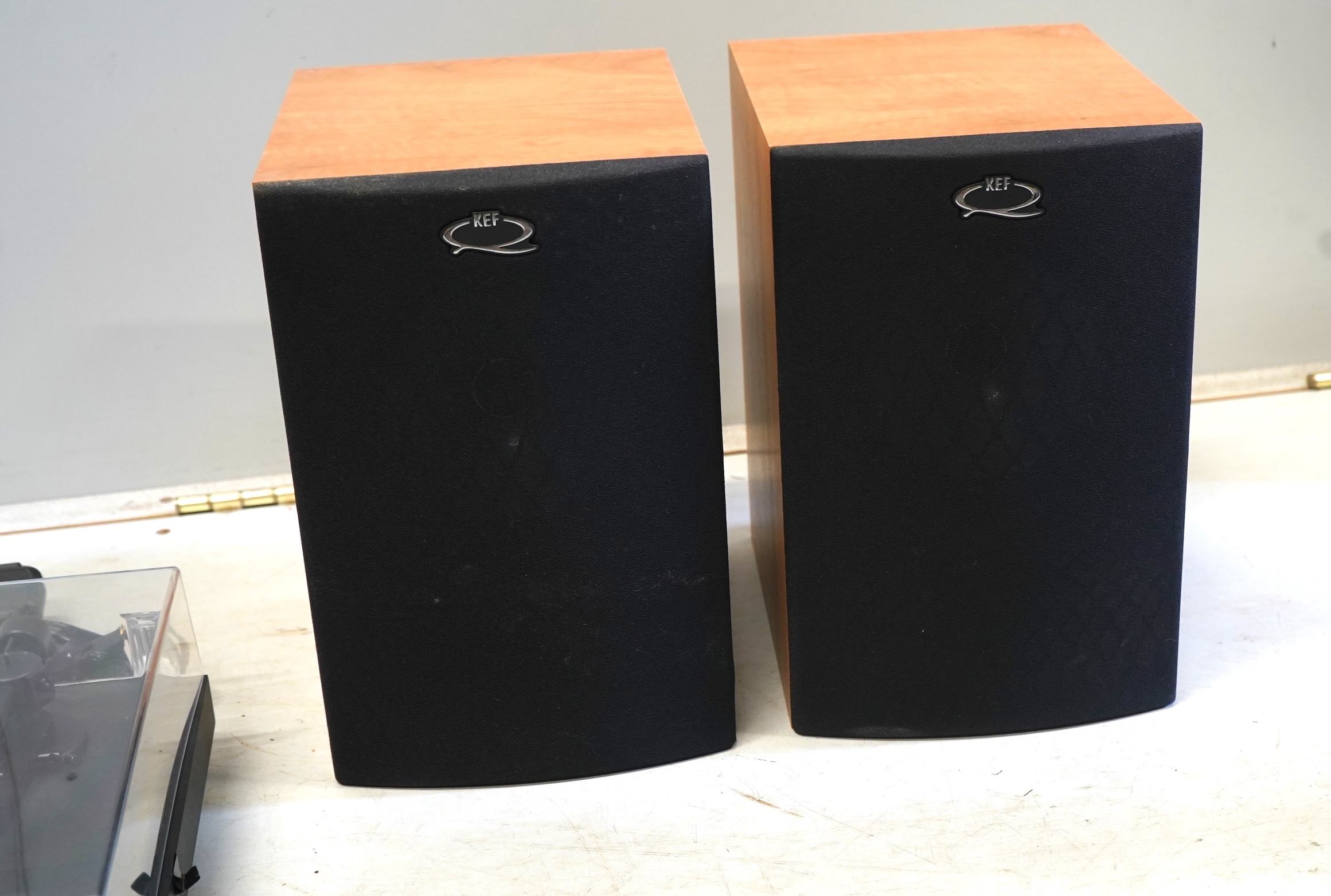 Two pairs of KEF stereo speakers; a pair of floor standing Q35.2 speakers and a pair of Q15.2 shelf speakers, together with a Pro-Ject Debut II turntable record player, serial number 008033, and a Yamaha Stereo Cassette